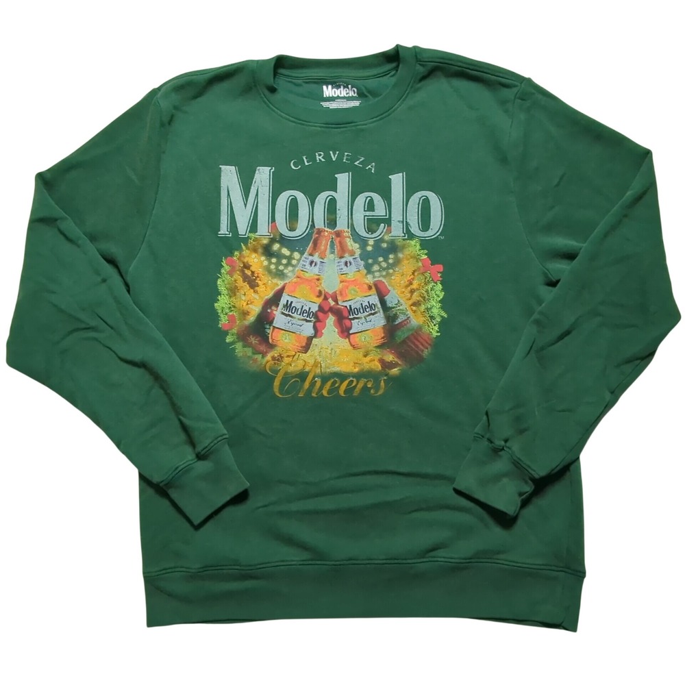 Modelo Cerveza Holiday Cheers Mens Green Graphic‎ Sweatshirt Size Medium